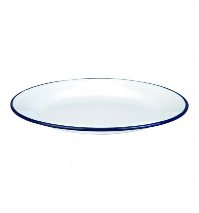 Plato Llano Porcelana Blanca Borde Azul