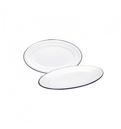 Bandeja Ovalada Porcelana Blanca Borde Azul